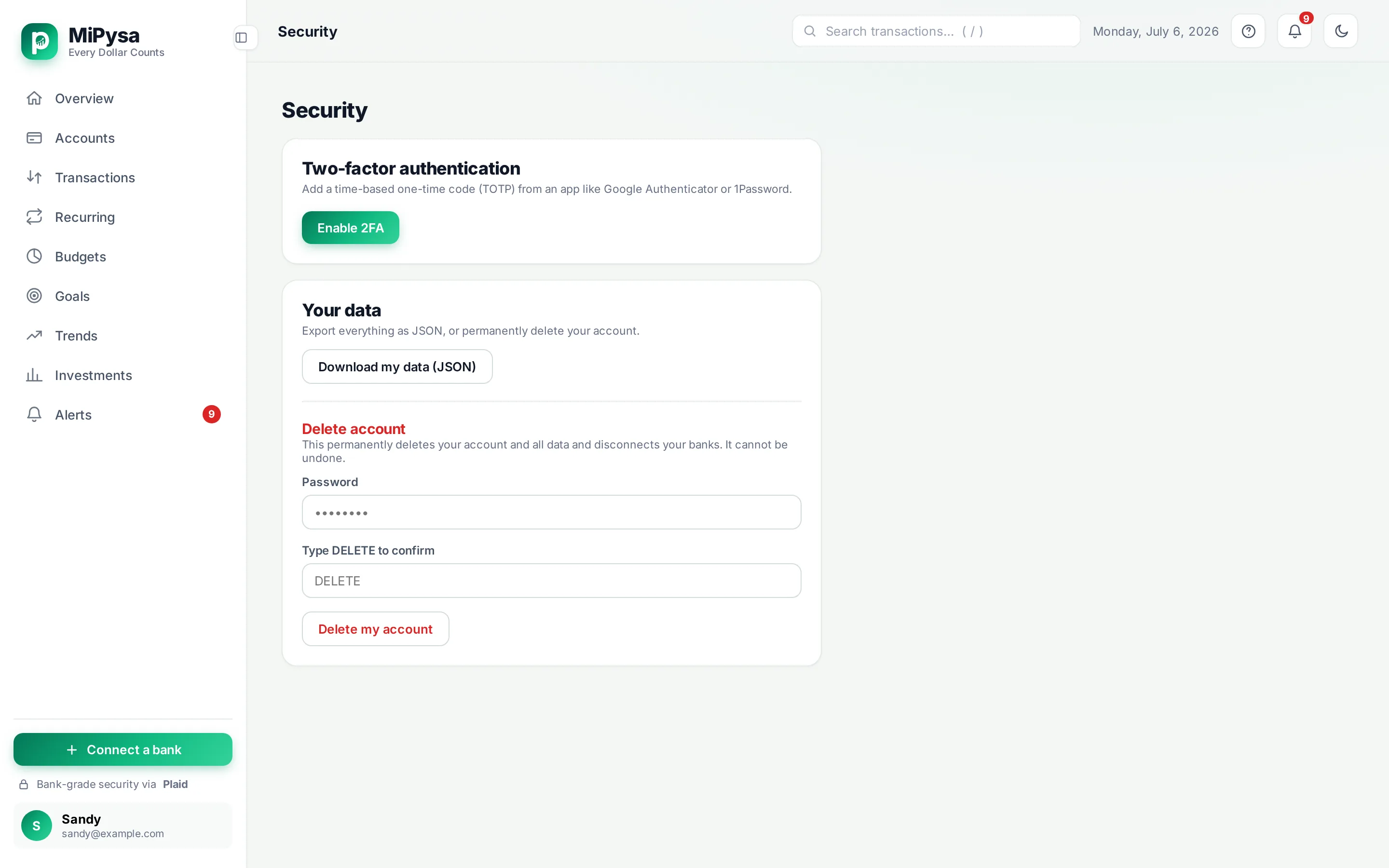 MiPysa security settings